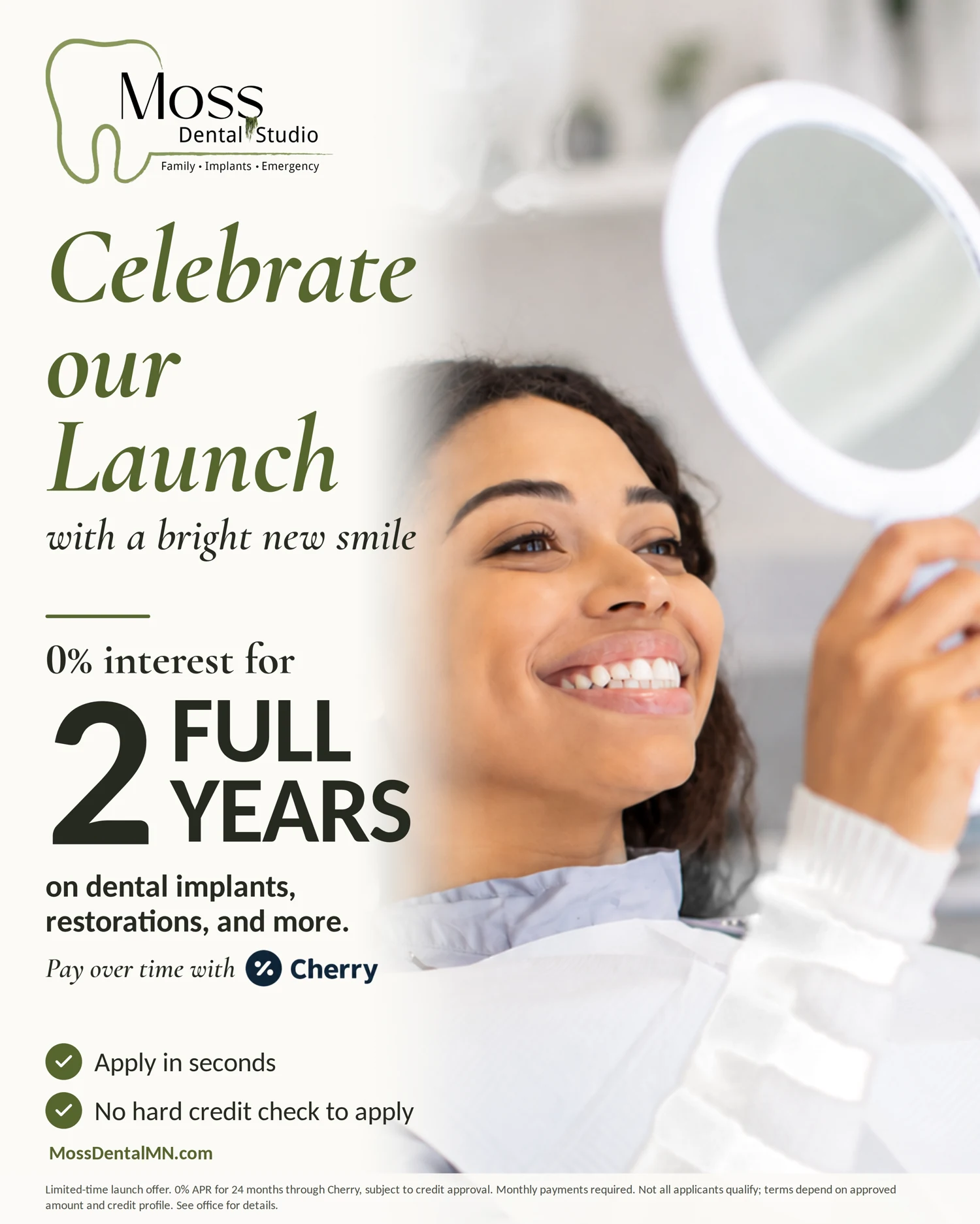 Moss Dental Studio launch promotion: pay over time with Cherry. Offer and terms are provided alongside this image.